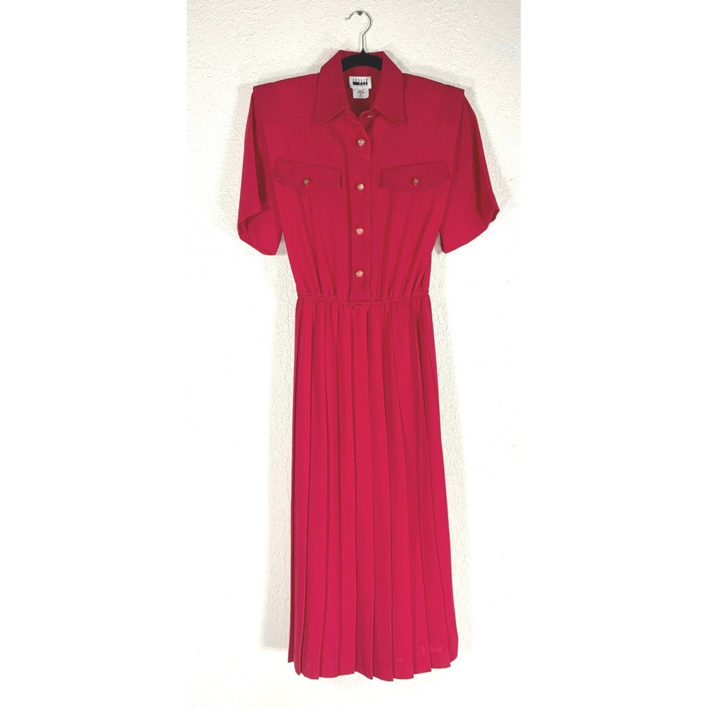 Vintage Leslie Fay Red Pleated Shirt Dress - 8 - Belted Button Front - Fun Fit!